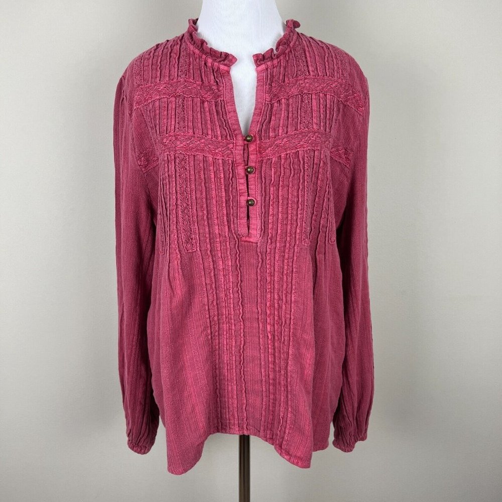 Eze Sur Mer Top Medium Peasant V-Neck Boho Pintuck Long‎ Sleeve Ruffle Womens